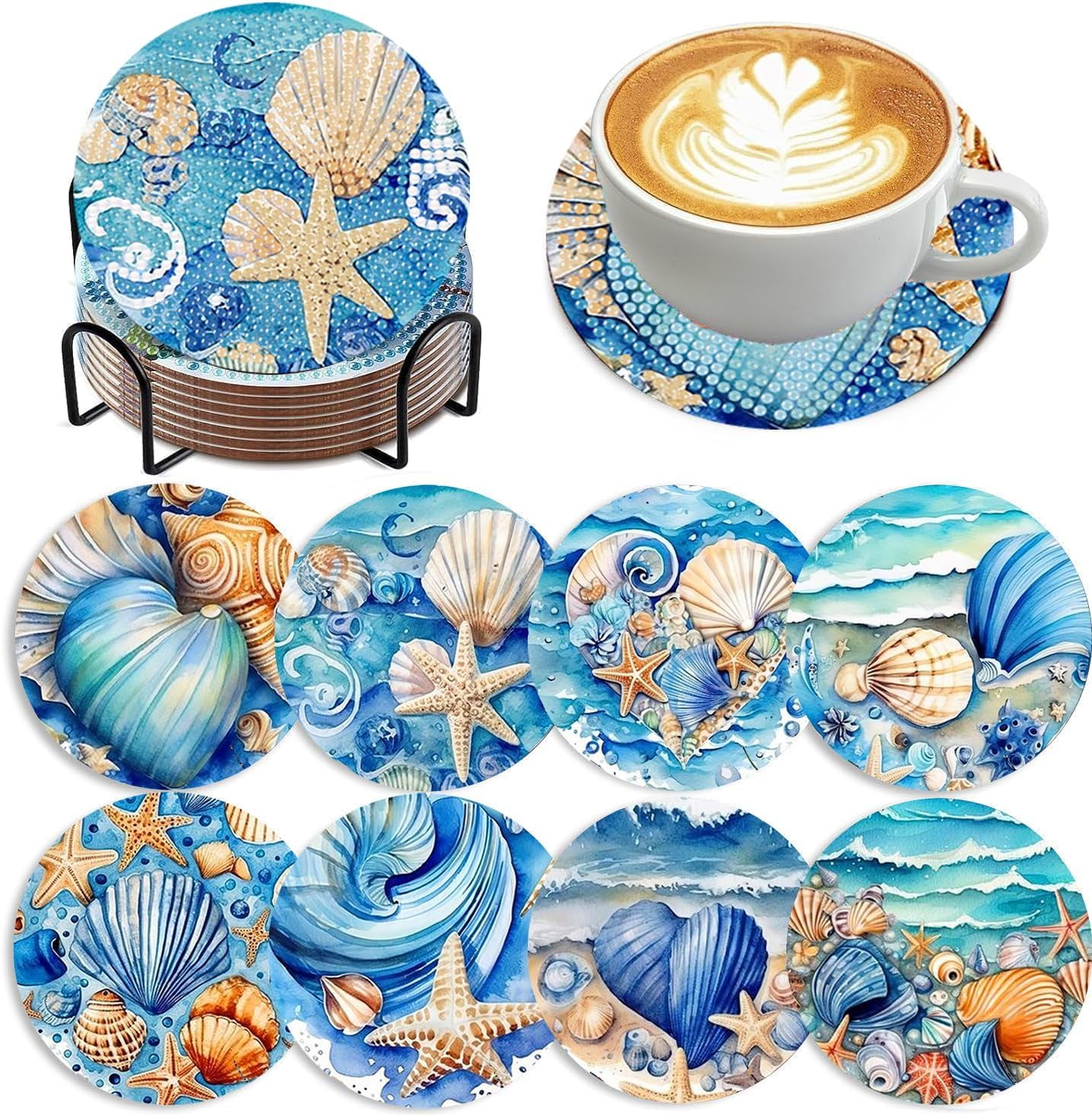 8 PCS Diamond Art Coasters Ocean Diamond Painting Coasters Kits Ocean Animals with Holder DIY Coasters for Beginners, Adults, Diamond Art Crafts Supplies 4x4 in