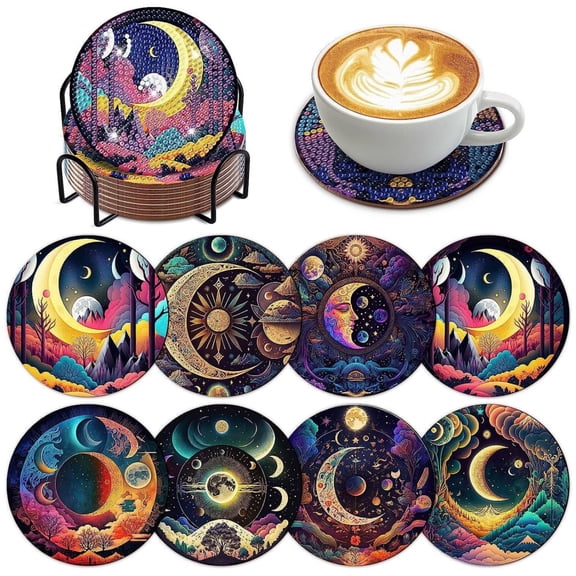 8 PCS Diy Artificial Diamond Painting Coasters,moon Coaster, Crystal Bright Diamond Coaster,artificial Diamond Painting Art Kit, Craft Supplies,home Decoration Supplies