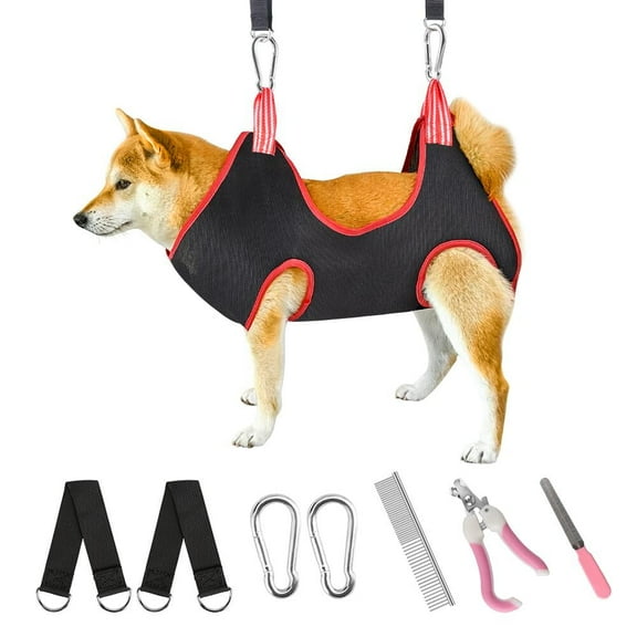 8 PCS Dog Grooming Hammock Pet Grooming Hammock Helper with Nail Trimmers Grooming Harness Kit for Dogs & Cats - Red (M-L)