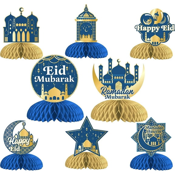 8 PCS Eid Mubarak Party Table Decorations, Ramadan Honeycomb Centerpieces Eid 3D Table Topper Desktop Sign for Happy Eid Celebrations Party Decorations Ramadan Mubarak Home Decor