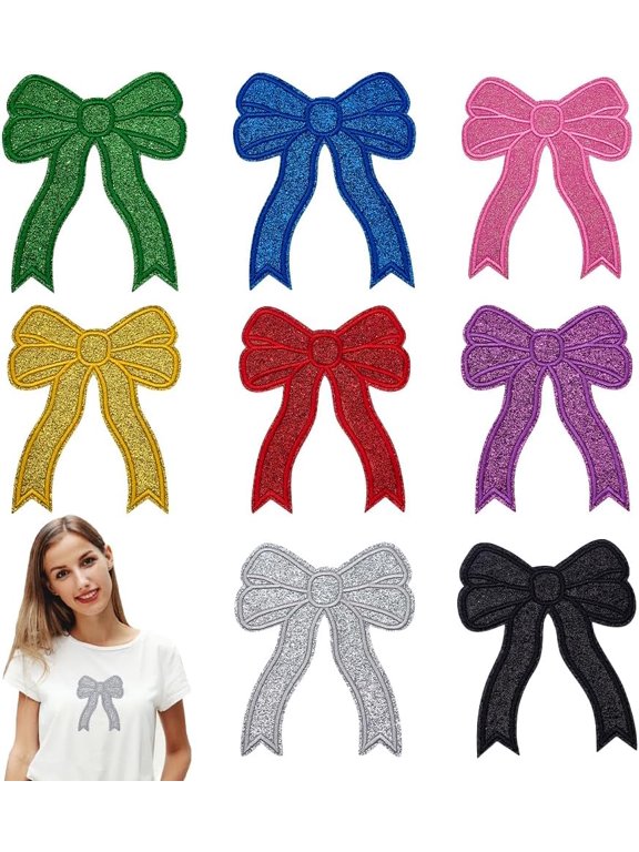 8 PCS Embroidered Patch Iron on/Sew On 8 Colors Bowknot Applique Patches Polyester Tie Shape Applique Decorative Sweatshirt Side Embellishment for DIY Clothes Costume Decoration colorful