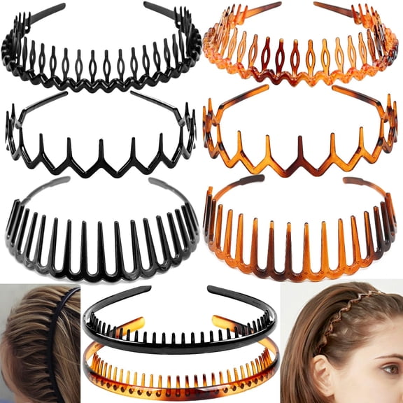 8 PCS Fashion Effortless Plastic Headbands with Teeth Comb Black Skinny Headbands No Slip Hair Accessories Bands