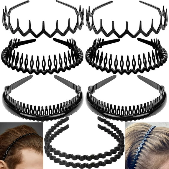 8 PCS Fashion No Slip Effortless Plastic Headbands with Teeth Comb Black Skinny Hair Bands for Women Men Teen Girls, Matte Black