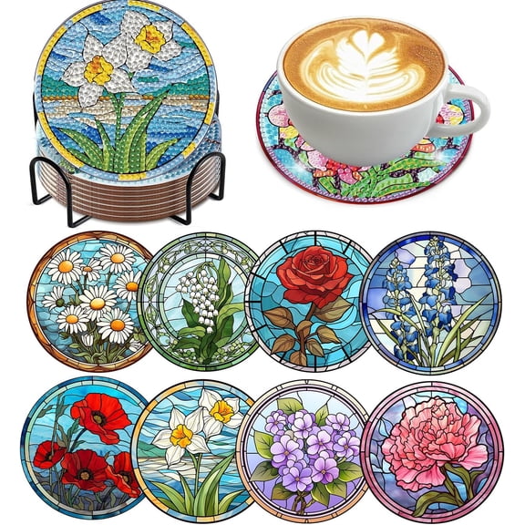 8 PCS Flowers Diamond Art Coasters Kits, Diamond Painting Coasters with Holder Set of 8, DIY Drink Coasters Art Crafts Supplies for Adults Cup Mat for Home Decor House Warming Gifts Non-Slip 3.9inch