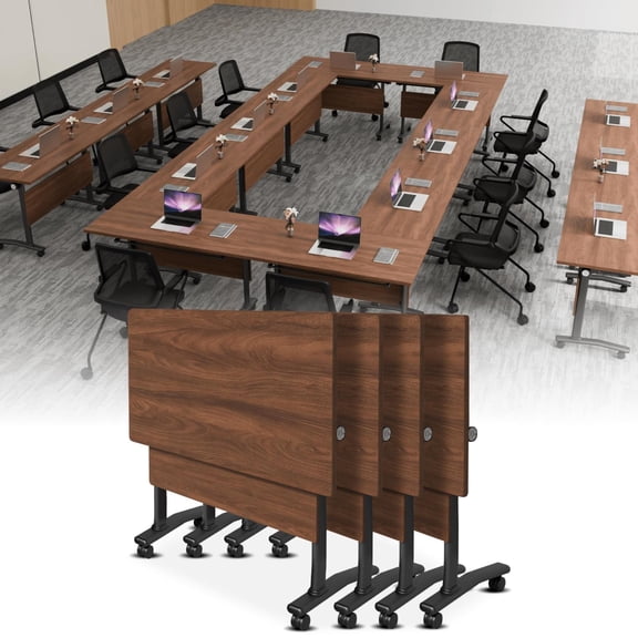 8 PCS Folding Conference Table on Wheels,55.1 IN Modular Flip-Top Conference Room Table for 6–12 People, Mobile Training & Meeting Table for Office Classroom School, Space-Saving Design(Walnut2)