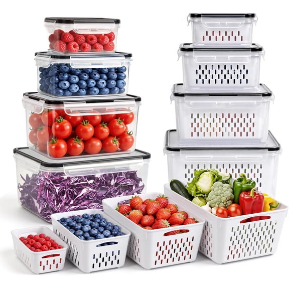 8 PCS Fruit Storage Containers for Fridge, Leakproof Produce Containers for Fridge with Removable Colander, Microwave/Dishwasher Safe Fruit Washing Bowl Keep Fruits, Vegetables, Berry Fresh longer