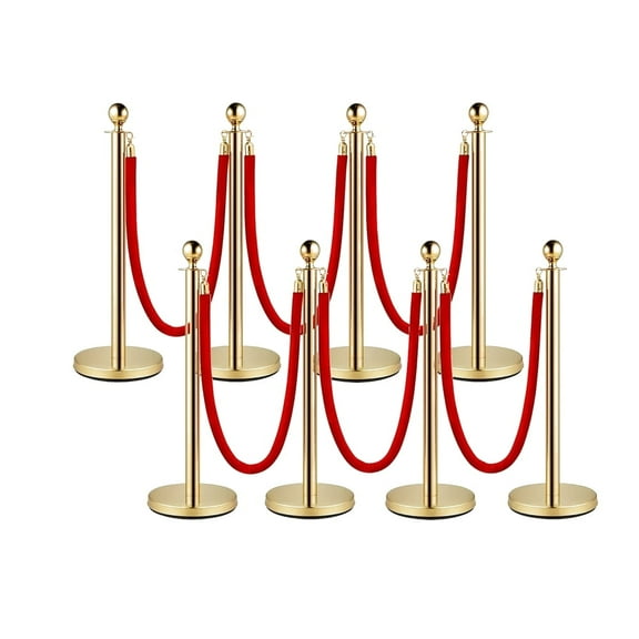 8 PCS Gold Stanchions with Red Velvet Ropes-Red Carpet Party Crowd Control Poles Set,5FT Stainless Steel Posts & Safety Barriers