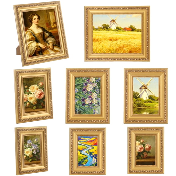 8 PCS Golden Vintage Picture Frames, Antique Wood Photo Holder for Wall Tabletop Display, Ornate Multi-Size Gallery Wall Collage Decor, Victorian Style Art Mounts for Home Office Cafe