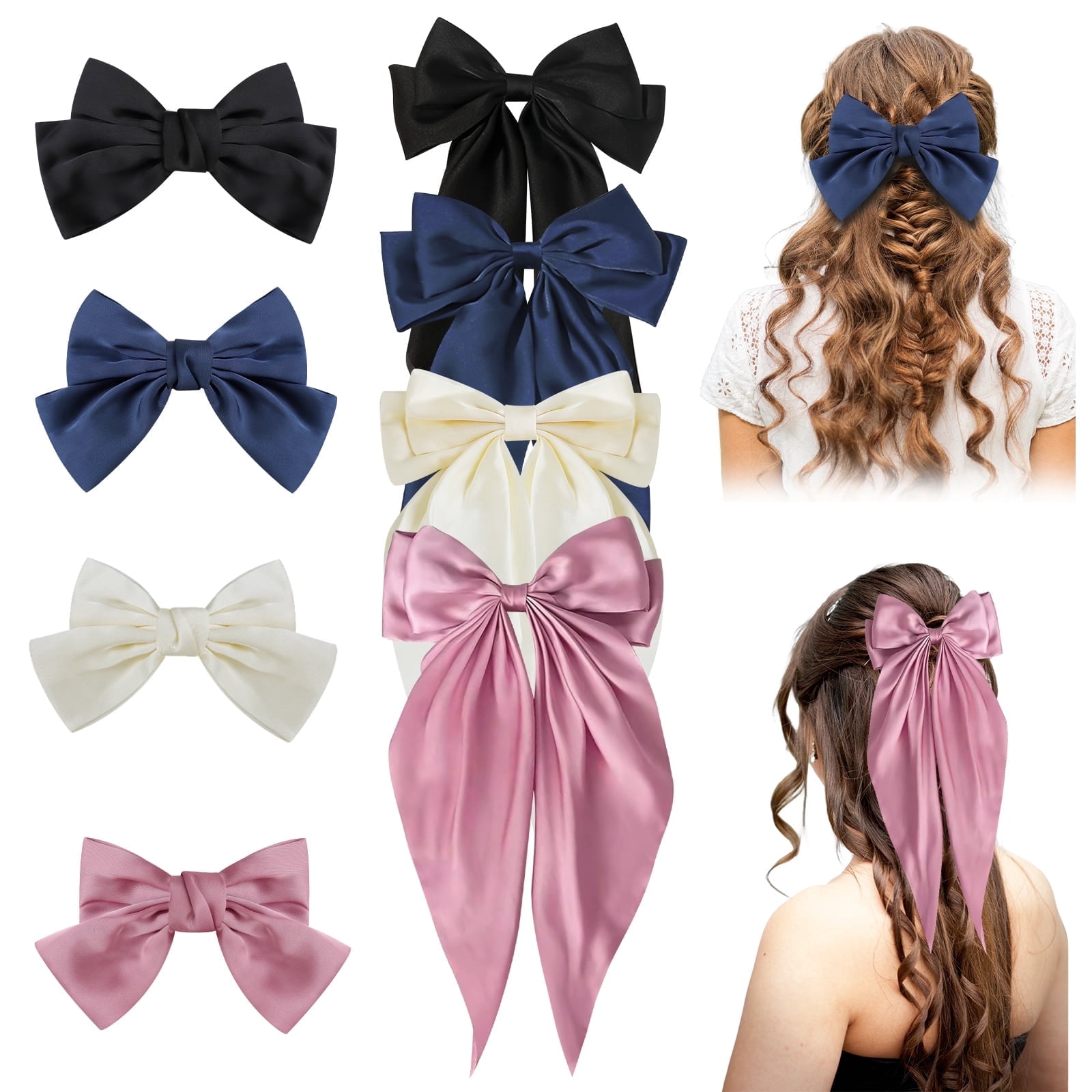 12 PCS Silky Satin Hair Bows, Bowknot Hair Clips with Long  display picture 1