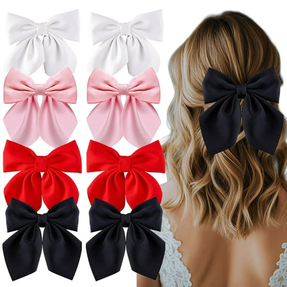 8 PCS Hair Bows for Women, Short Tail Bow Hair Clips, Small Alligator Barrettes Cute, Accessories for Girls (Black - Red - Light Pink - White)