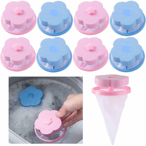 8 PCS Hair Filter Bag Floating Lint Catcher for Washing Machine Pet Hair Catcher Flowers Shape Lint Trap Cleaning Tool Reusable Washing Hair Filter Cleaning Mesh Bag Dog Cat Hair Remover for Laundry