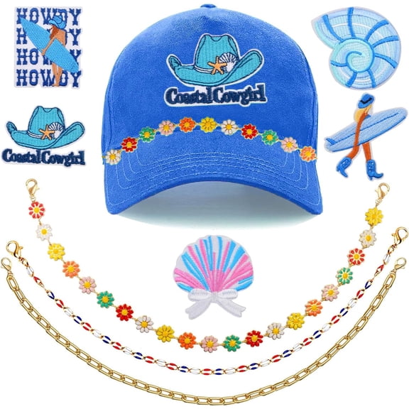 8 PCS, Including 5PCS Blue Iron on Patches Conch Scallop Surfing Cowgiry,3 PCS Trucker Hat Chains Daisy Flower for DIY Mesh Baseball Cap Decoration Detachable Accessories