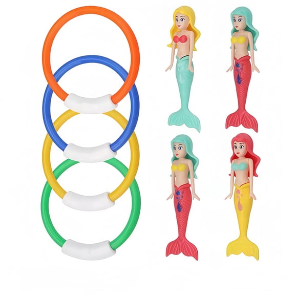 8 PCS Kids Pool Diving Toys, Sinking Dive Rings & Mermaid Figures, Underwater Swimming Toys for Summer Pool Games