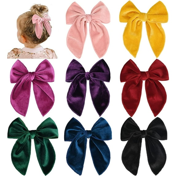 8 PCS Large Velvet Hair Bow Fable Hair Bow for Toddlers Girls Handmade Red Neutral Bow Hair Accessories for Little Baby Girls Kids -A
