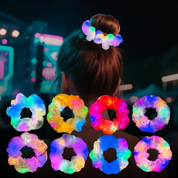 8 PCS Light up Hair Scrunchies, 3 Glow Modes, Hair Accessories for Women & Girl, Glow in the dark Party Supply for Birthday Festival Rave Concert