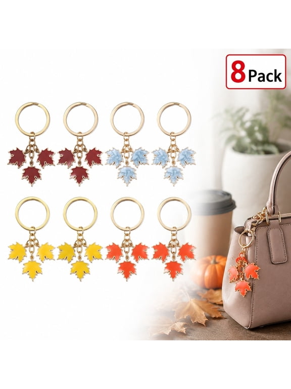 8 PCS Maple Leaf Keychain, 4-Color Autumn Bag Charm with Golden Ring for Purse & Keyring, Mixed
