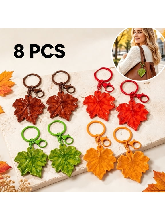 8 PCS Maple Leaf Keychains, Fall Leaf Hangers in Red, Green, Brown & Orange with Swivel Clips
