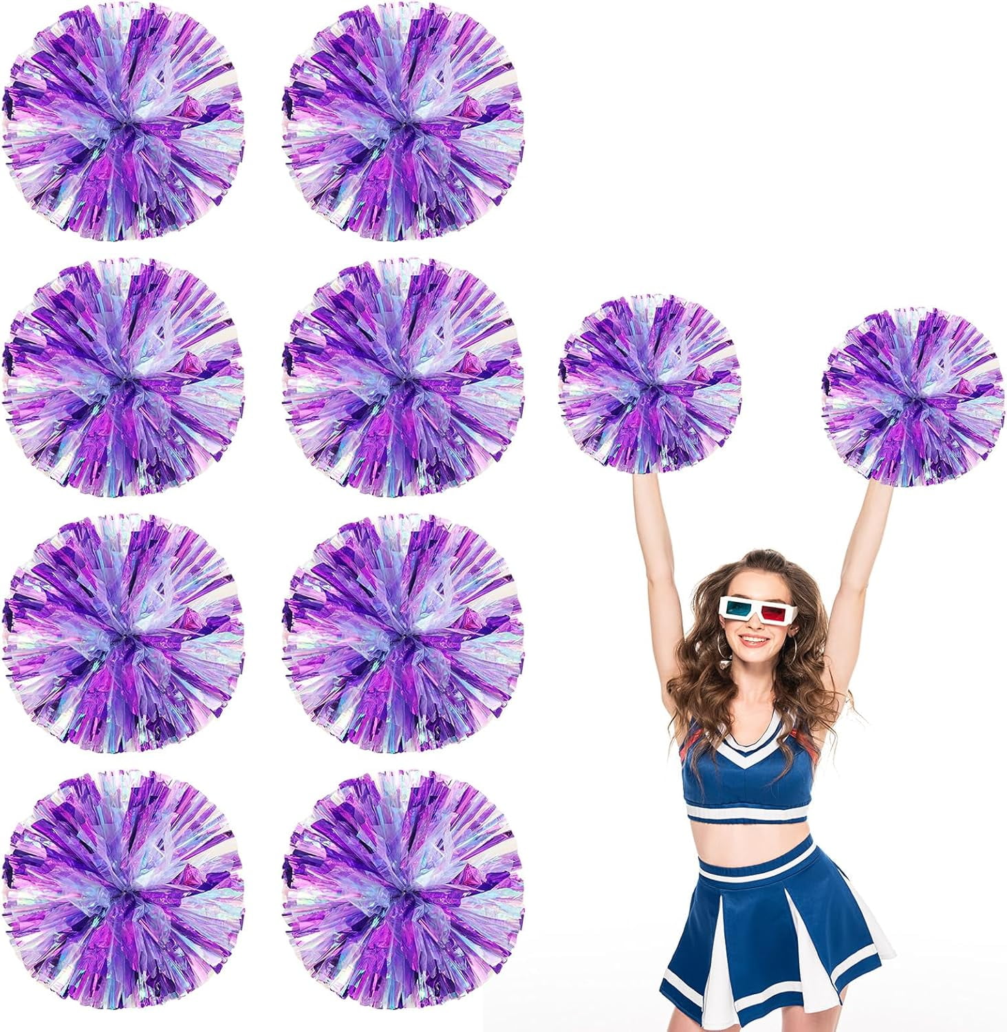 8 PCS Metallic Cheerleading Pom Pom for Team Spirit Sports Dance Cheering Kids Adults-Ring Style (Colorful+Blue)