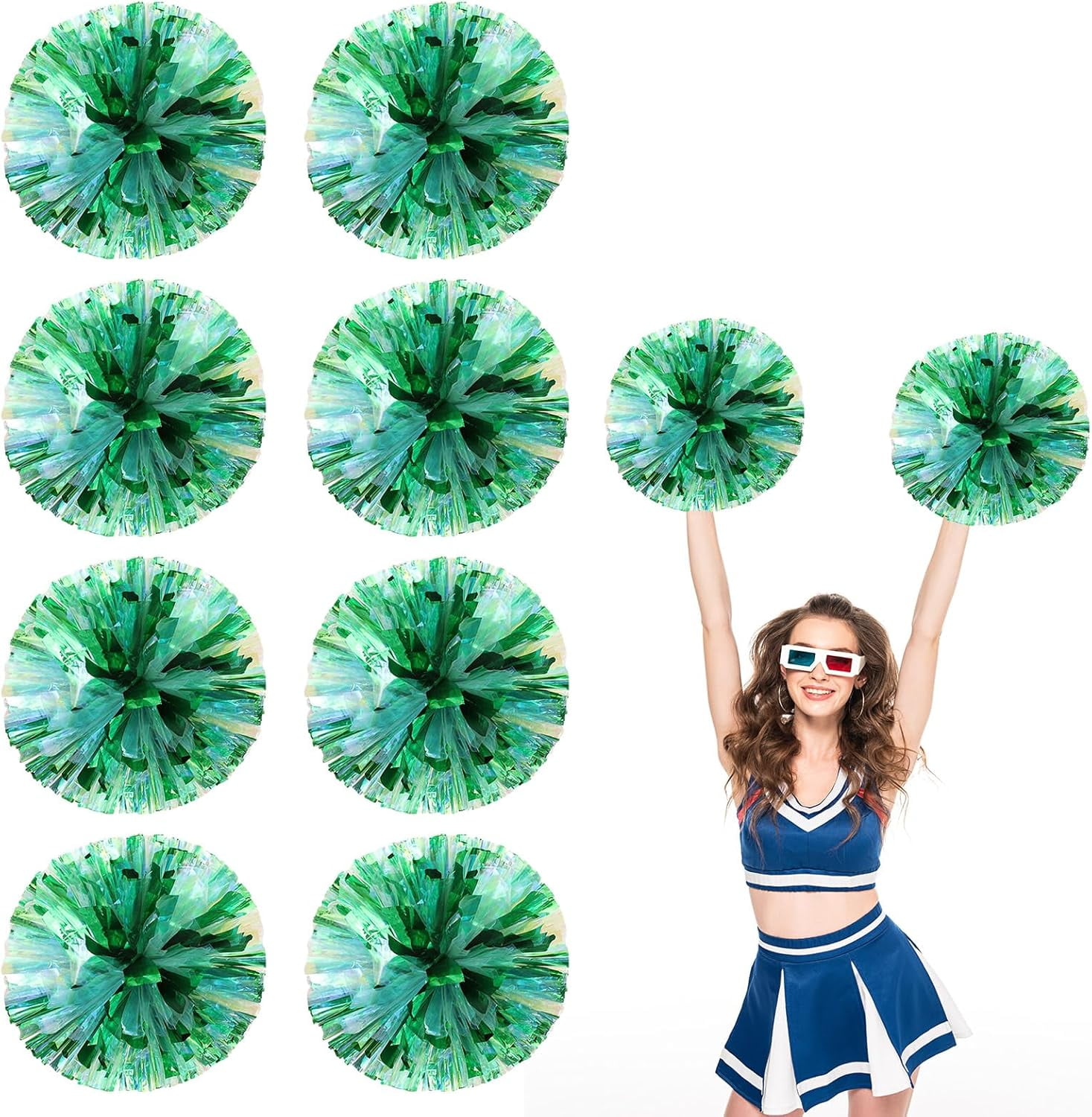 8 PCS Metallic Cheerleading Pom Pom for Team Spirit Sports Dance Cheering Kids Adults-Ring Style (Colorful+Blue)