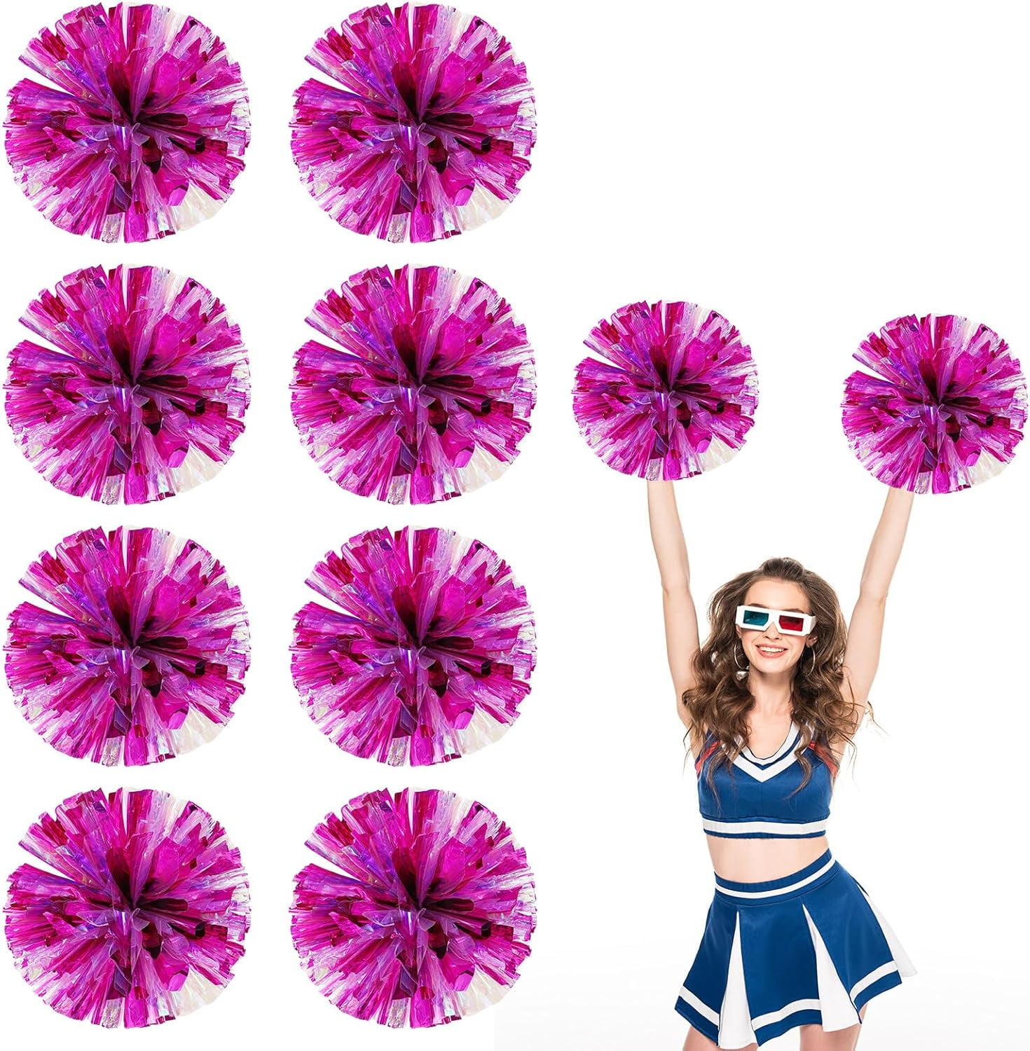 8 PCS Metallic Cheerleading Pom Pom for Team Spirit Sports Dance Cheering Kids Adults-Ring Style (Colorful+Blue)