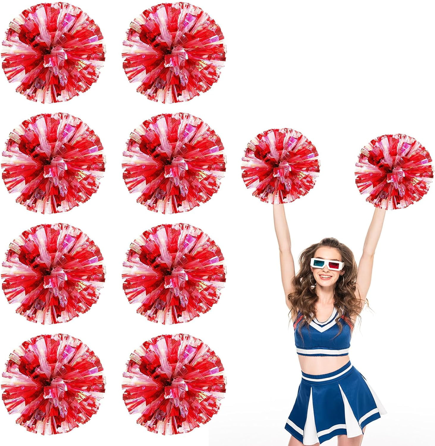 8 PCS Metallic Cheerleading Pom Pom for Team Spirit Sports Dance Cheering Kids Adults-Ring Style (Colorful+Blue)