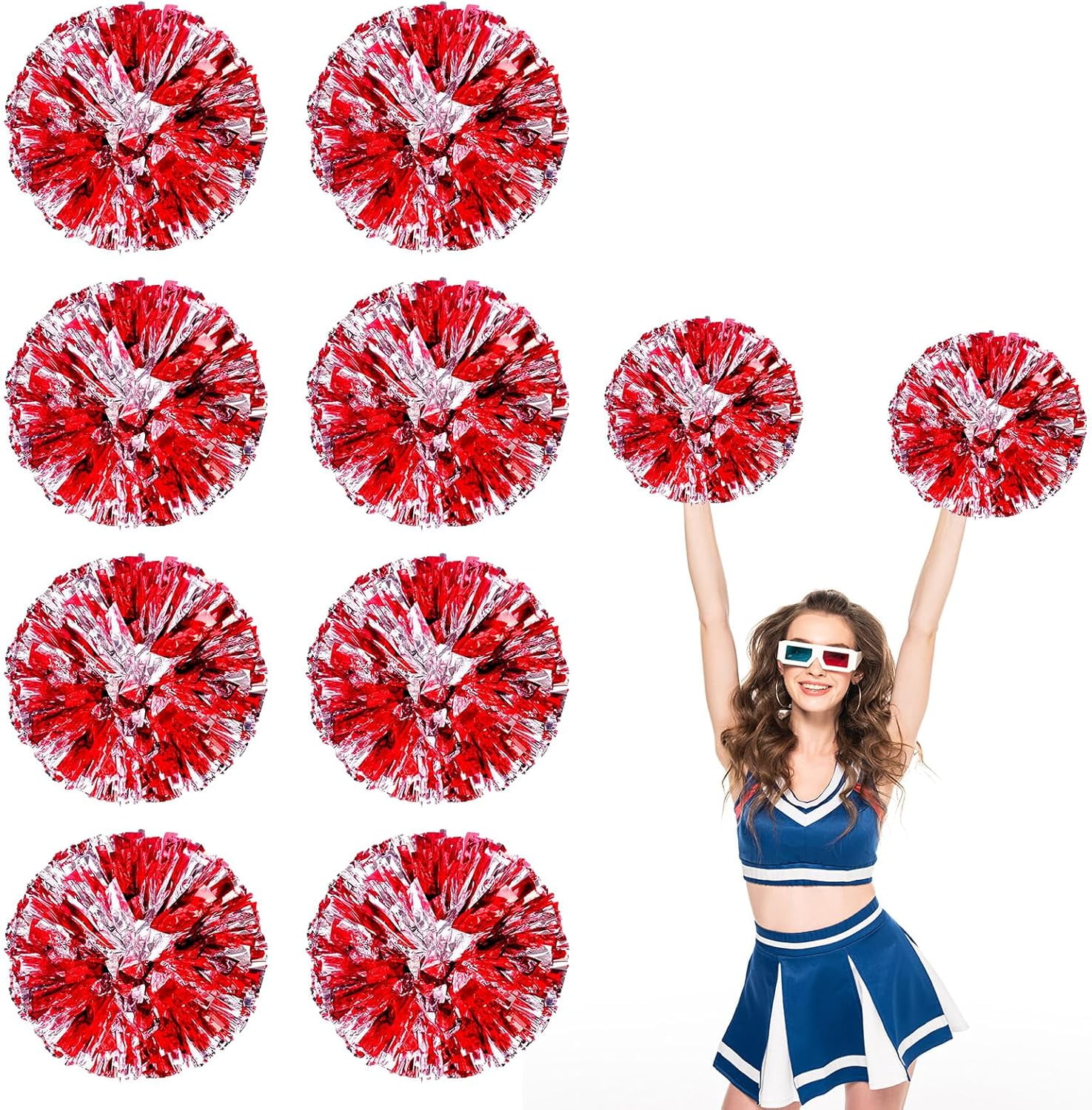 8 PCS Metallic Cheerleading Pom Pom for Team Spirit Sports Dance Cheering Kids Adults-Ring Style