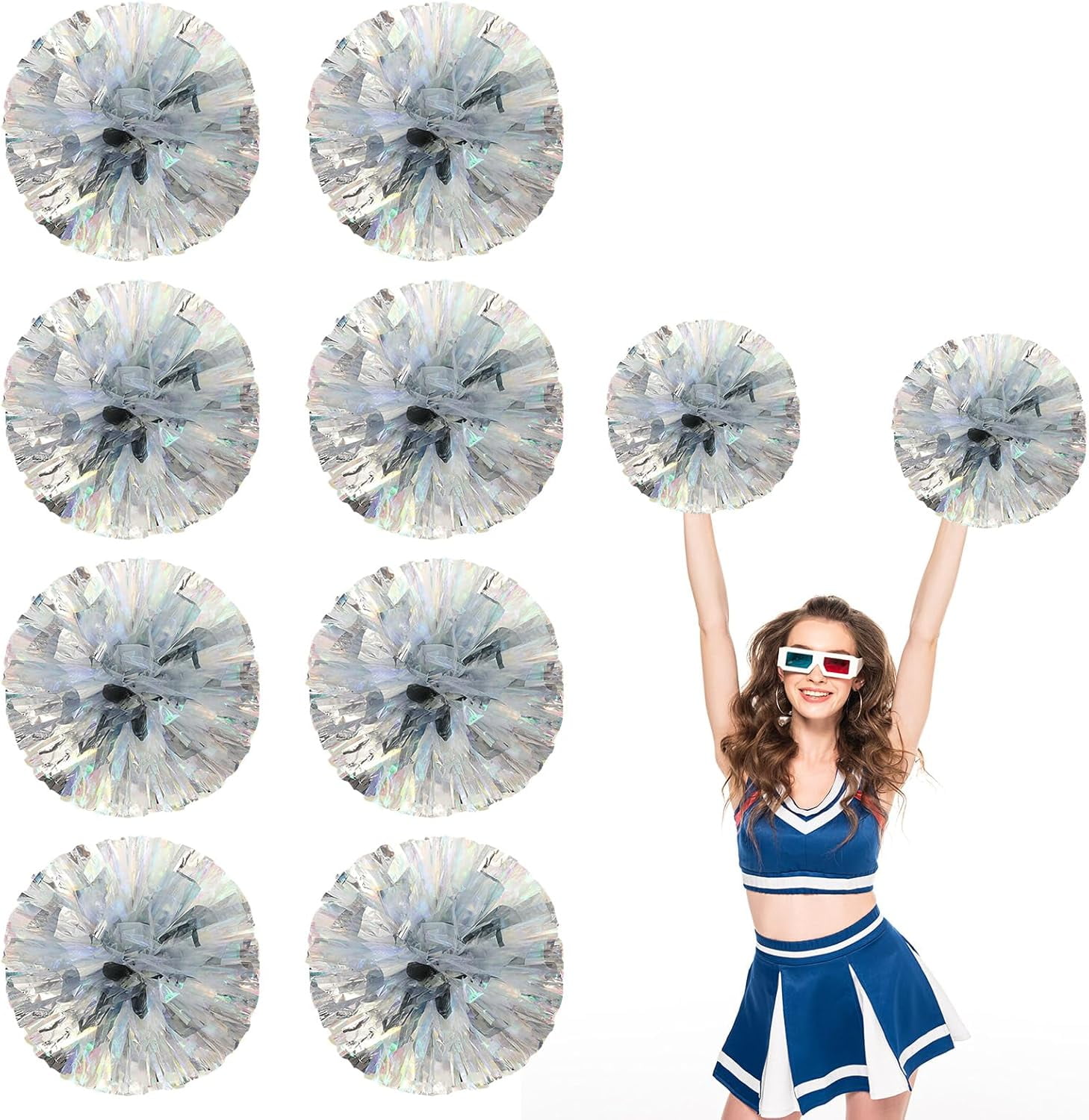 8 PCS Metallic Cheerleading Pom Pom for Team Spirit Sports Dance Cheering Kids Adults-Ring Style