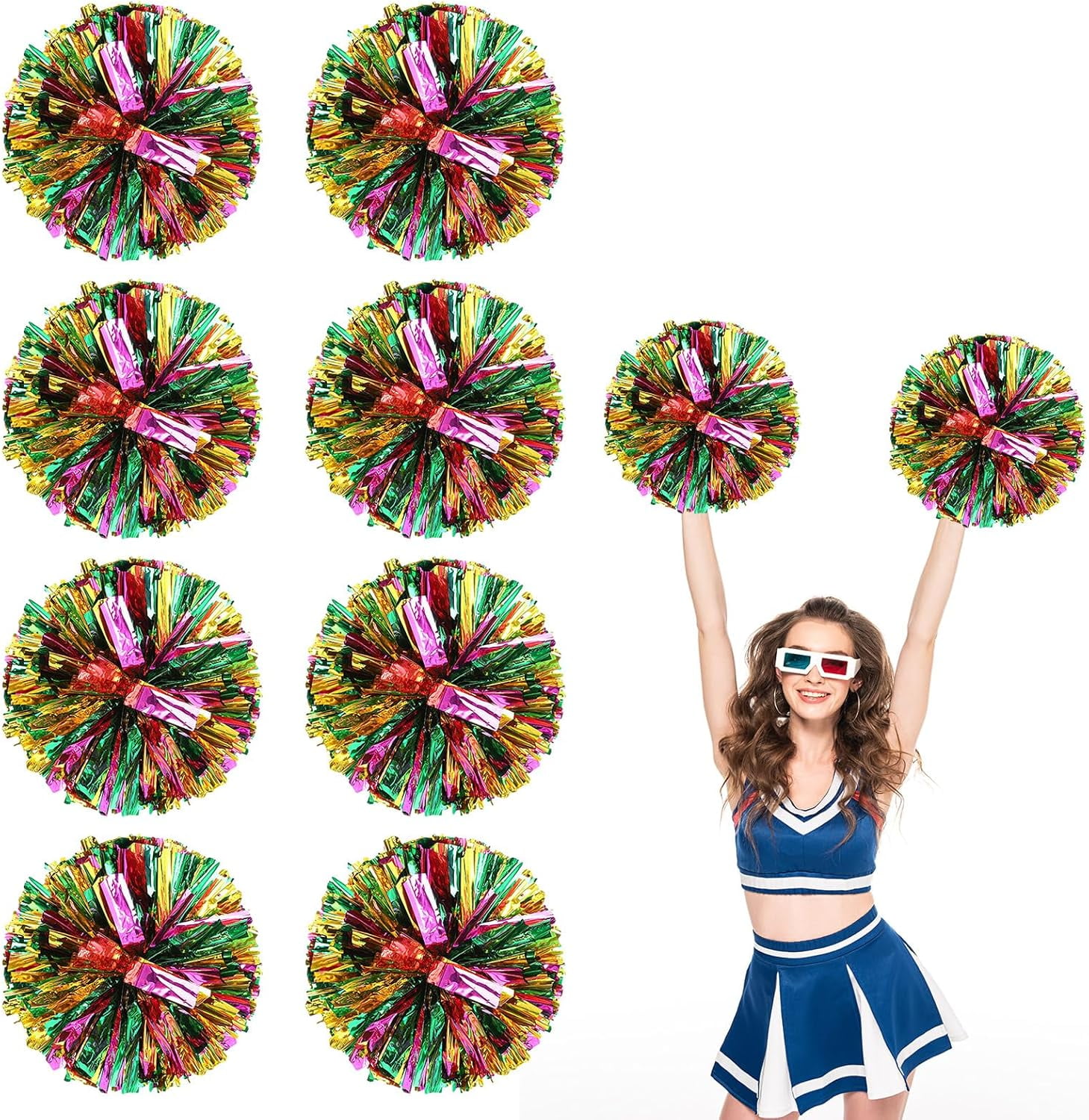 8 PCS Metallic Cheerleading Pom Pom for Team Spirit Sports Dance Cheering Kids Adults-Ring Style