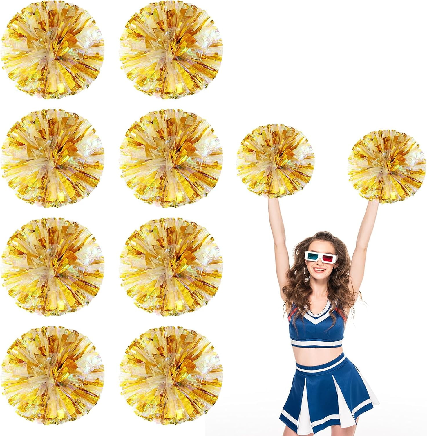 8 PCS Metallic Cheerleading Pom Pom for Team Spirit Sports Dance Cheering Kids Adults-Ring Style