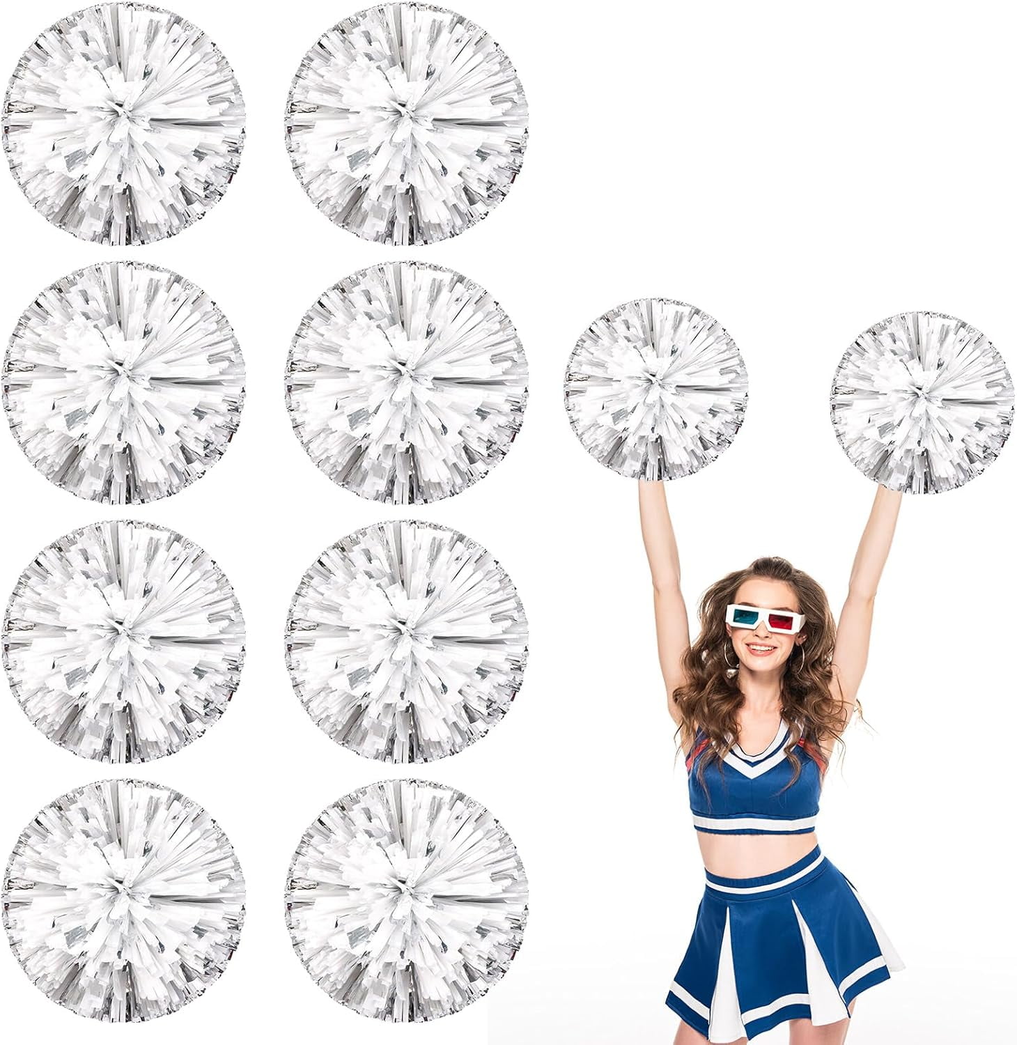 8 PCS Metallic Cheerleading Pom Pom for Team Spirit Sports Dance Cheering Kids Adults-Ring Style
