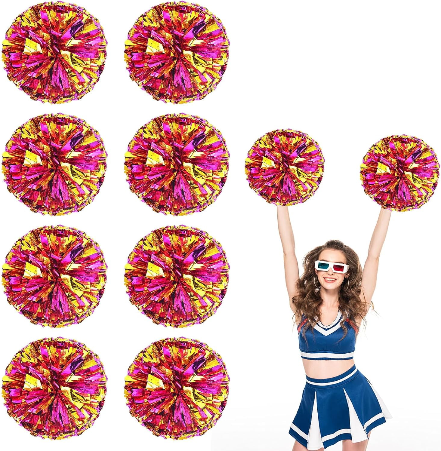 8 PCS Metallic Cheerleading Pom Pom for Team Spirit Sports Dance Cheering Kids Adults-Ring Style