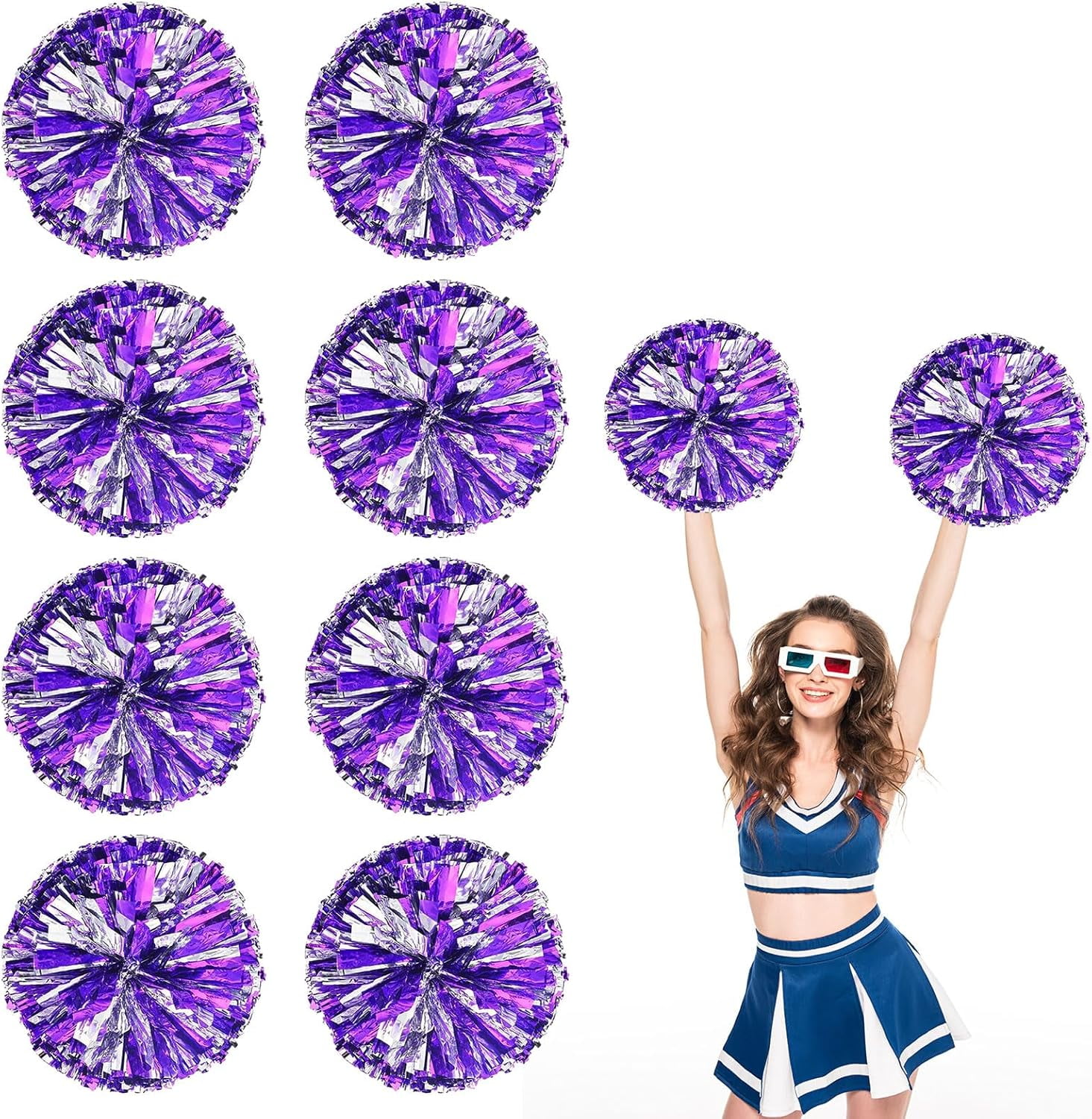 8 PCS Metallic Cheerleading Pom Pom for Team Spirit Sports Dance Cheering Kids Adults-Ring Style