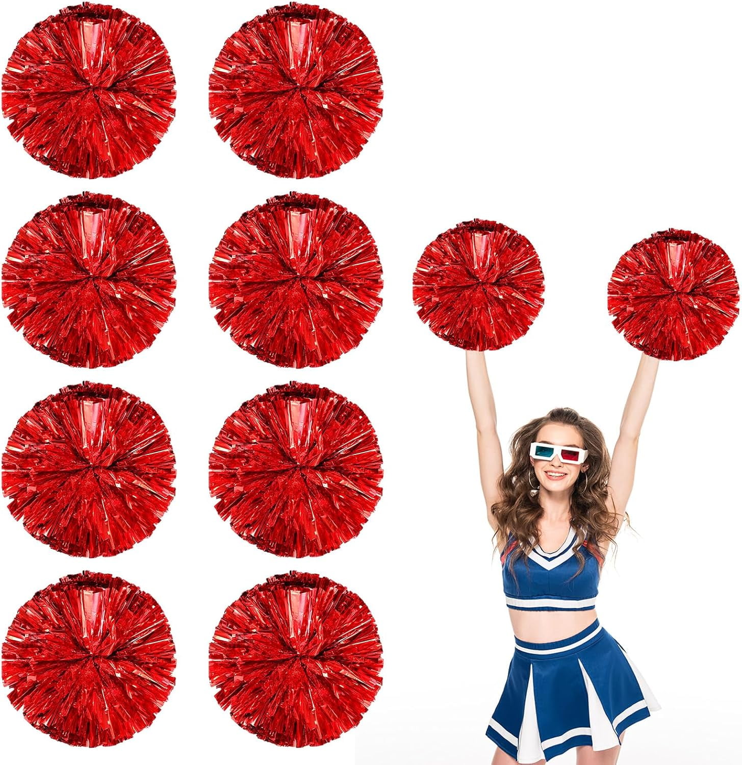 8 PCS Metallic Cheerleading Pom Pom for Team Spirit Sports Dance Cheering Kids Adults-Ring Style