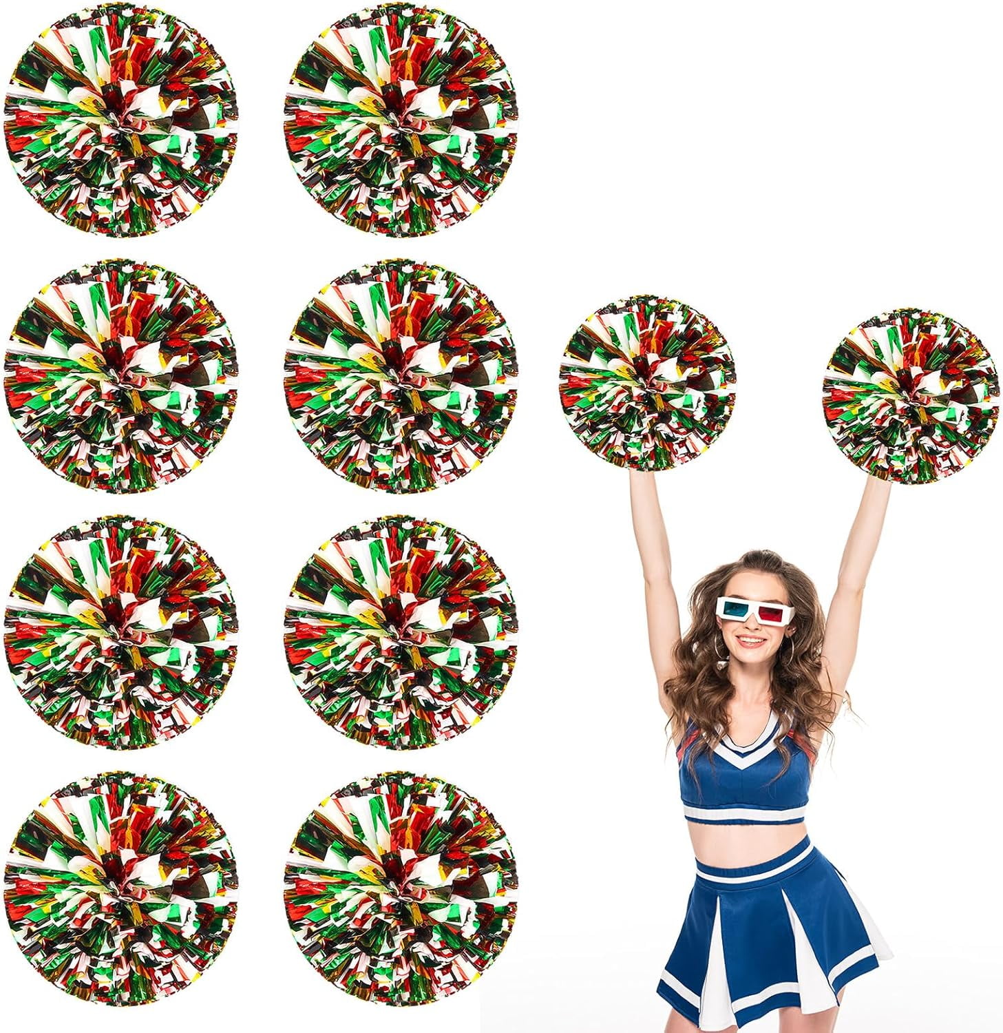 8 PCS Metallic Cheerleading Pom Pom for Team Spirit Sports Dance Cheering Kids Adults-Ring Style