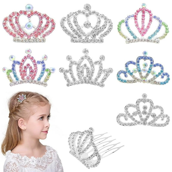 8 PCS Mini Crystal Rhinestone Princess Crown Hair Comb, Shiny Rhinestone Tiara for Girls Princess Birthday Party Supplies Hair Dectoration