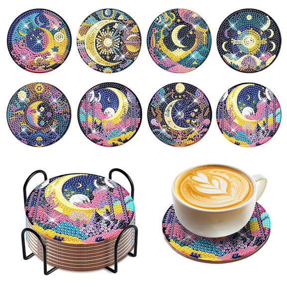 8 PCS Mystical Moon Diamond Art Coasters Diamond Art Coasters Kits with Holder Mystical Moon DIY Coasters for Beginners, Adults, Diamond Art Crafts Supplies