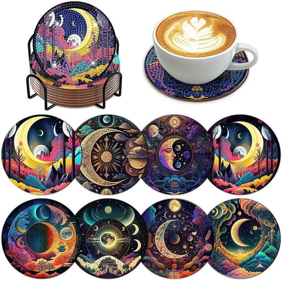 8 PCS Mystical Moon Diamond Art Coasters Diamond Art Coasters Kits with Holder Mystical Moon DIY Coasters for Beginners, Adults, Kids, Diamond Art Crafts Supplies