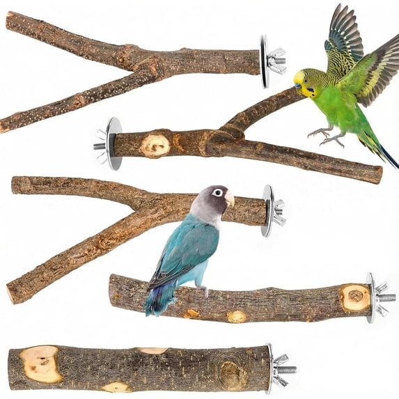 8 PCS Natural Bird Perch Set - Apple Wood Platforms & Hardwood Branches for Parakeets, Cockatiels, Lovebirds - Natural Cage Accessories, Gym Playstand & Chewing Toys for Small Birds