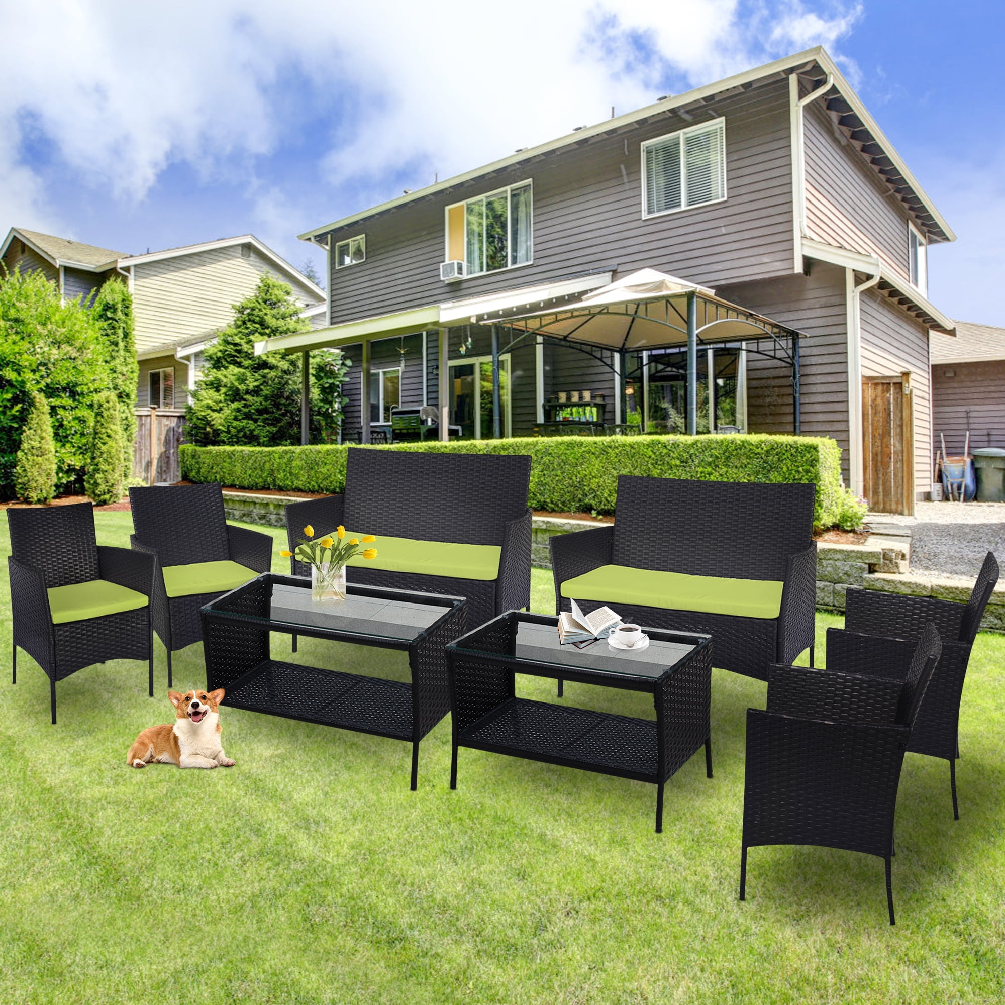 8 PCS Outdoor Patio Bistro Furniture Set, All-Weather Rattan Chair Set, Conversation Furniture Sets, Cushioned Seat & Glass Table, Bistro Table Set for Porch Garden Poolside Balcony, T203