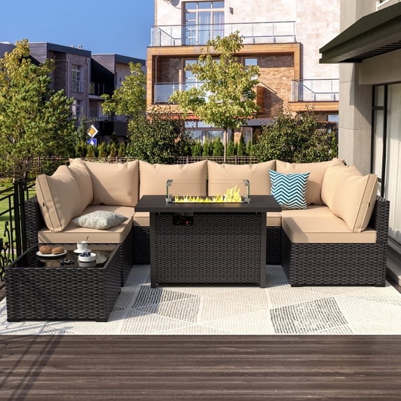 8 PCS Outdoor Patio Furniture Set with 42-inch Fire Pit Table And Coffee Table,Khaki Cushions