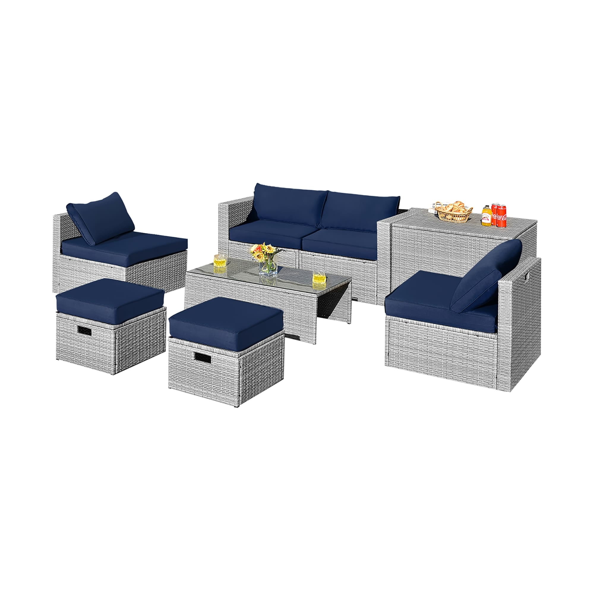 8-Piece Navy PE Rattan Outdoor Patio Furniture Set