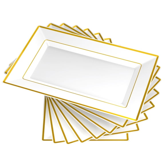 8 PCS Plastic Serving Trays, White and Gold Rim Plastic Serving Platters, Disposable Tray for Food, Perfect for Wedding Parties