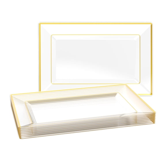 8 PCS Plastic Serving Trays, White and Gold Rim Plastic Serving Platters, Disposable Tray for Food, Perfect for Wedding Parties