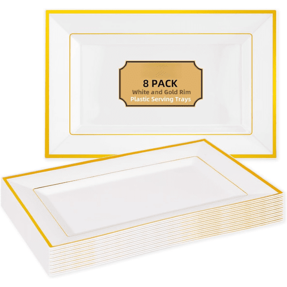 8 PCS Plastic Serving Trays for Party, Gold Rim Disposable Serving Platter, Plastic Tray for Food Fruit Trays for Serving for Party, 12.85 x 8 inches