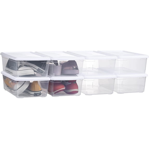8 PCS Plastic Shoe Boxes Clear Stackable Storage Bins with Lids See-Through Rectangular Storage Boxes Durable Lidded Shoe Boxes for Home and Art Supplies (White)