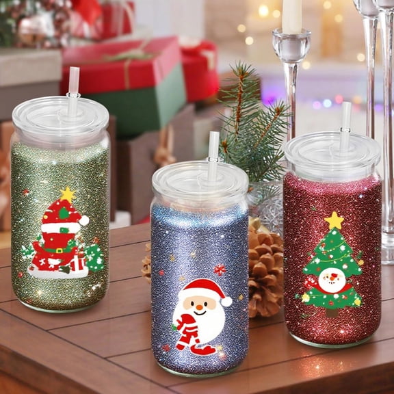 8 PCS Plastic Snow Globe Tumbler,16 oz Double Wall Tumbler with Pre Drilled Hole,Bulk Snow Globe Cups with Clear Lip and Straw,DIY Glitter Snowglobe(No gold powder)
