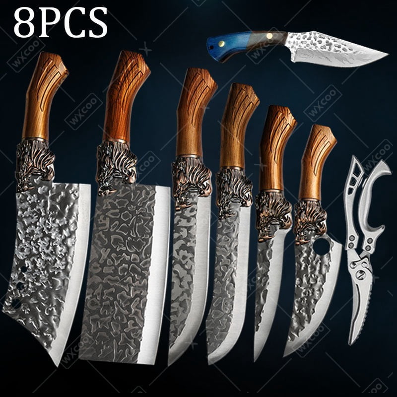 8 PCS Professional Kitchen Chef Knife Set Including Stainless Steel Handmade Forged Knives with Fish Boning Knife Kitchen Cutters Butcher Knives and Ultra-Sharp Bone Scissors For Meat Fish Chicken