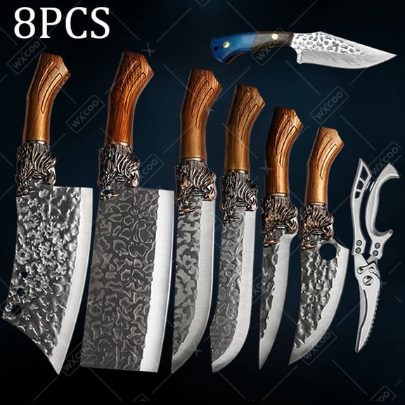 8 PCS Professional Kitchen Chef Knife Set Including Stainless Steel Handmade Forged Knives with Fish Boning Knife Kitchen Cutters Butcher Knives and Ultra-Sharp Bone Scissors For Meat Fish Chicken