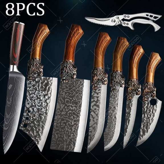 8 PCS Professional Kitchen Chef Knife Set Including Stainless Steel Utility Knives Boning Knives for Meat Fish Poultry and Butcher Cutting Scissors Hand Sharpened Ultra Sharp Durable Kitchen Tools