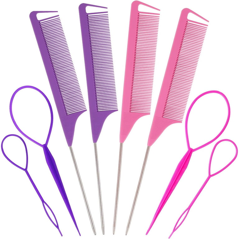 4pcs/set Lazy Braided Hair Pink Set Elastic Hair Band Remover Rat Tail Comb  Metal Pin Tail Braiding Comb For Hairstyling - AliExpress